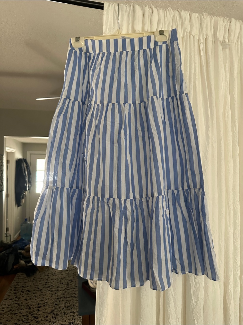 J. Crew Blue and White Striped Tiered Midi Skirt